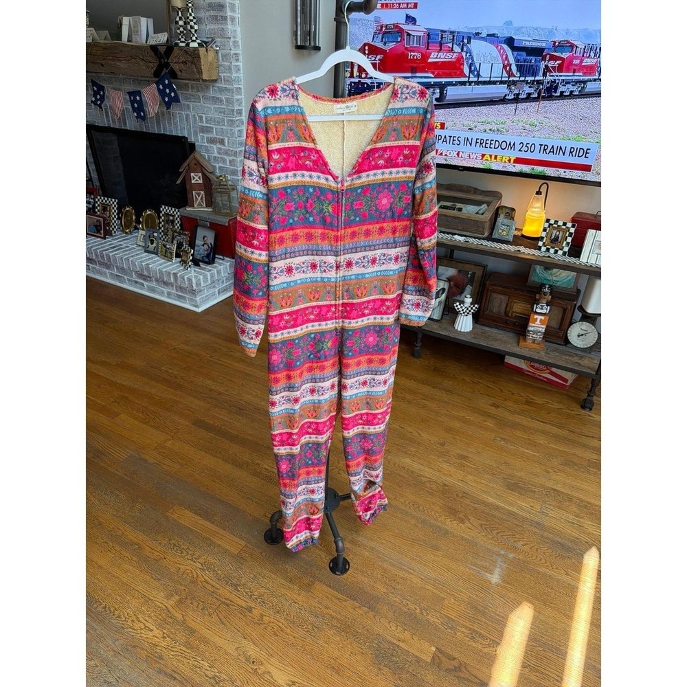 Natural Life border print fleece onesie colorful boho floral pattern M
